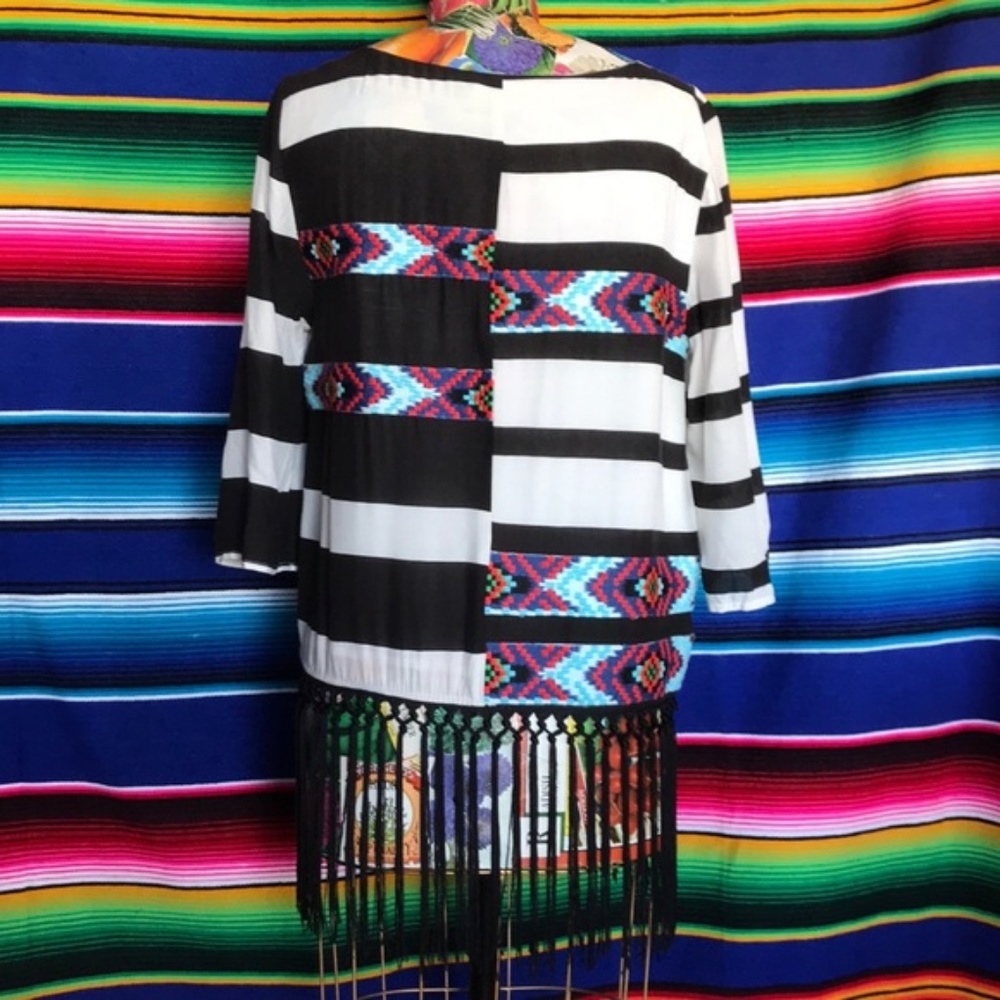 Anthro Floreat Fringed Latitudes Stripe Top Aztec - Picture 3 of 8